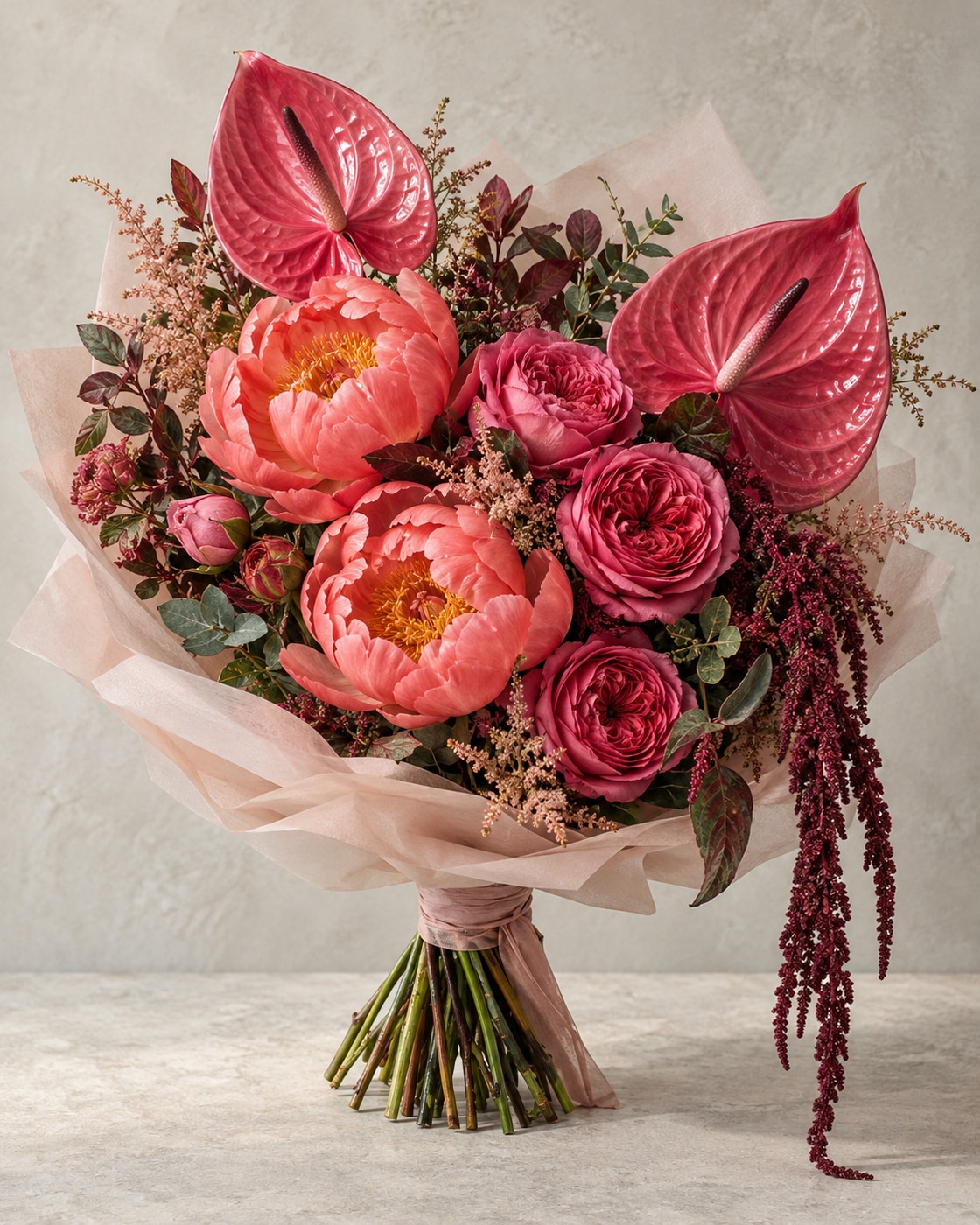 Коралловые пионы, малиновые розы, розовые антуриумы и бордовый амарант